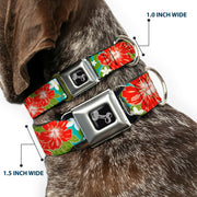 Dog Bone Seatbelt Buckle Collar - Hibiscus & Plumerias Turquoise/Green/Red/White
