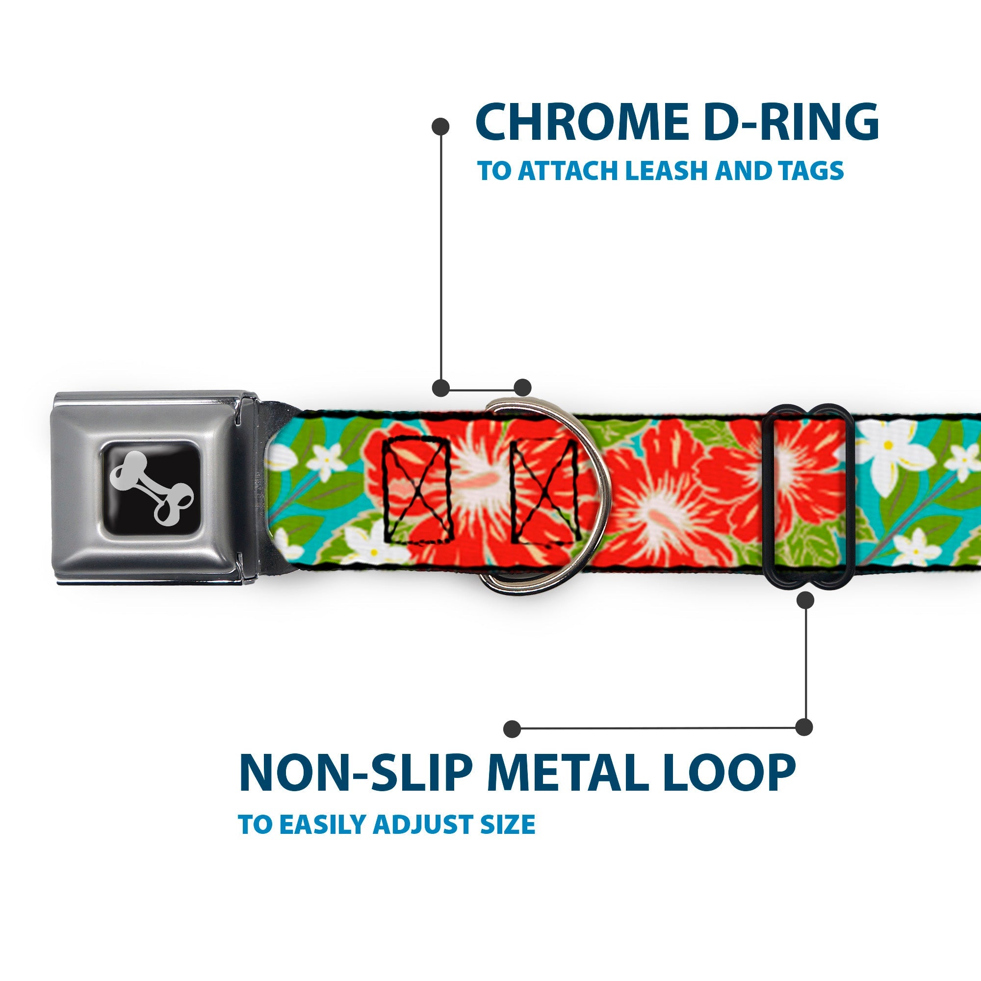Dog Bone Seatbelt Buckle Collar - Hibiscus & Plumerias Turquoise/Green/Red/White