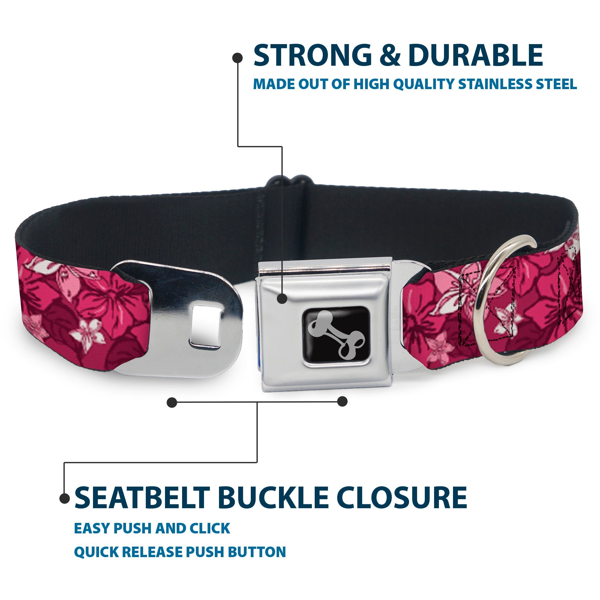 Dog Bone Seatbelt Buckle Collar - Hibiscus Collage Pink Shades