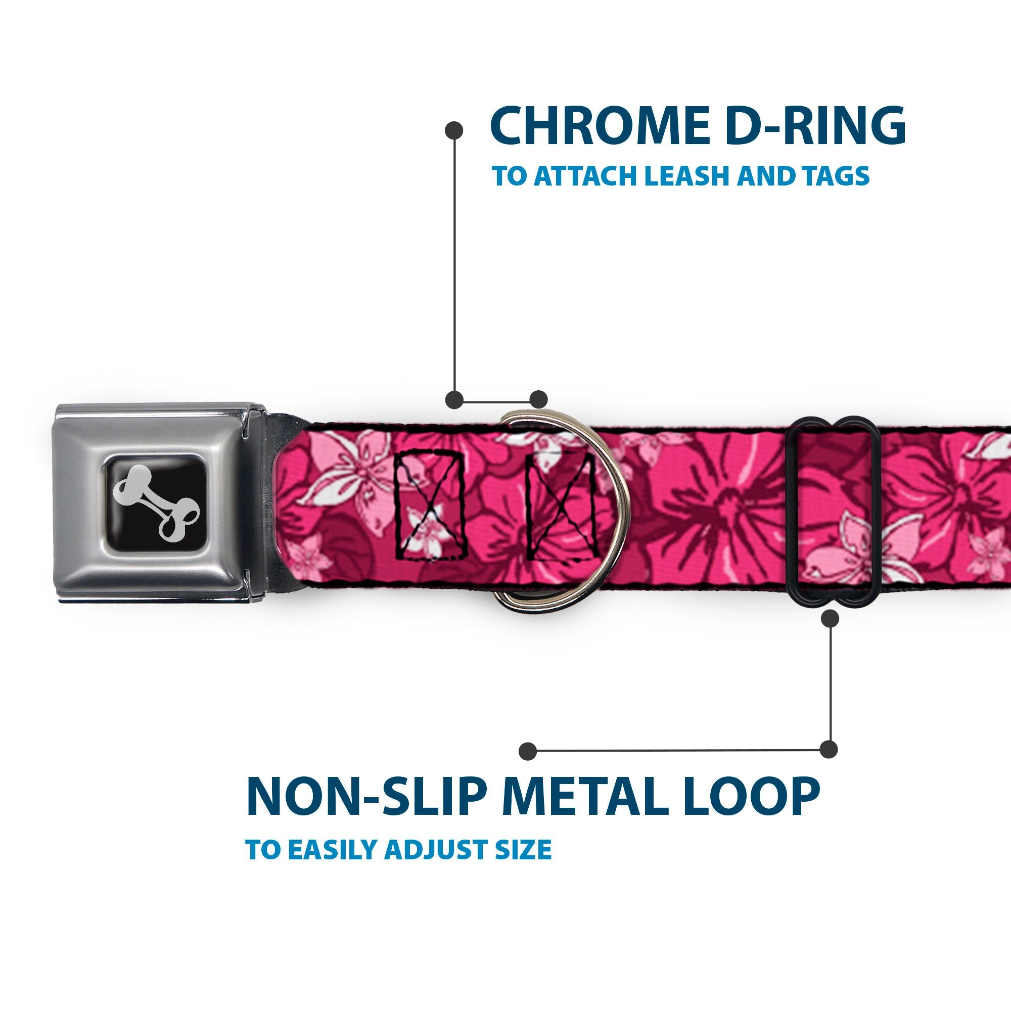 Dog Bone Seatbelt Buckle Collar - Hibiscus Collage Pink Shades