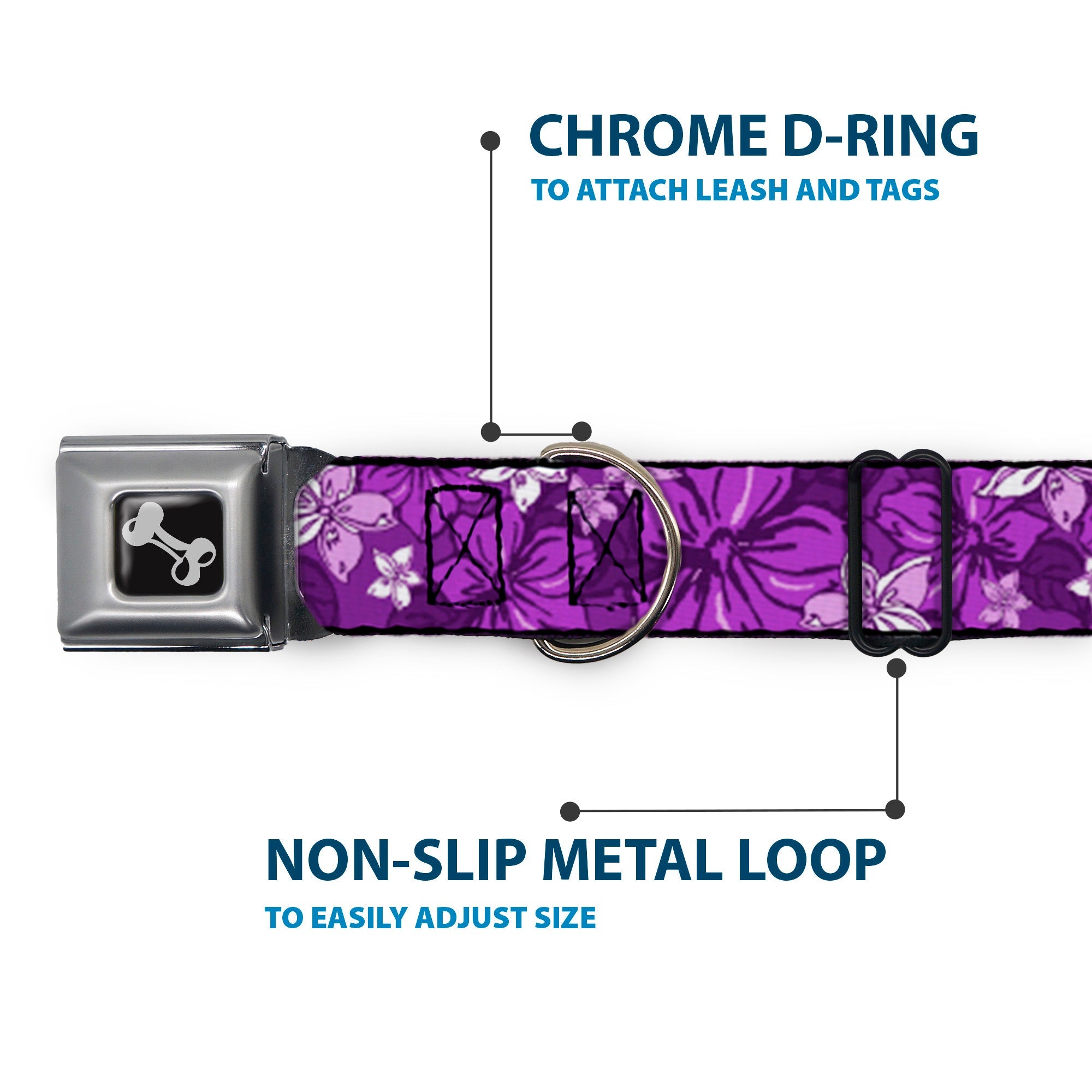 Dog Bone Seatbelt Buckle Collar - Hibiscus Collage Purple Shades