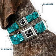 Dog Bone Seatbelt Buckle Collar - Hibiscus Collage Turquoise Shades