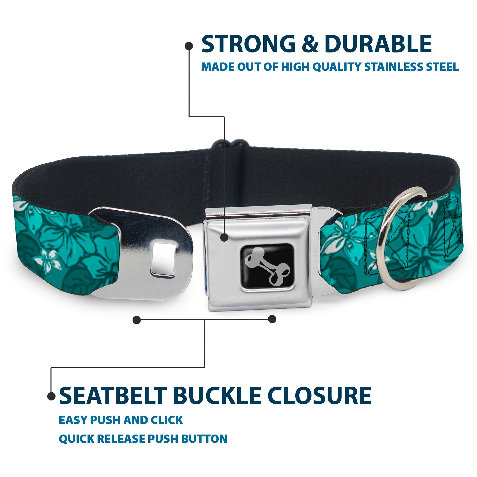 Dog Bone Seatbelt Buckle Collar - Hibiscus Collage Turquoise Shades