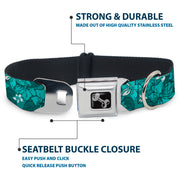 Dog Bone Seatbelt Buckle Collar - Hibiscus Collage Turquoise Shades