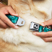 Dog Bone Seatbelt Buckle Collar - Hibiscus Collage Turquoise Shades