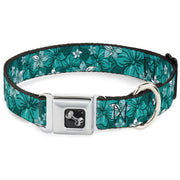 Dog Bone Seatbelt Buckle Collar - Hibiscus Collage Turquoise Shades