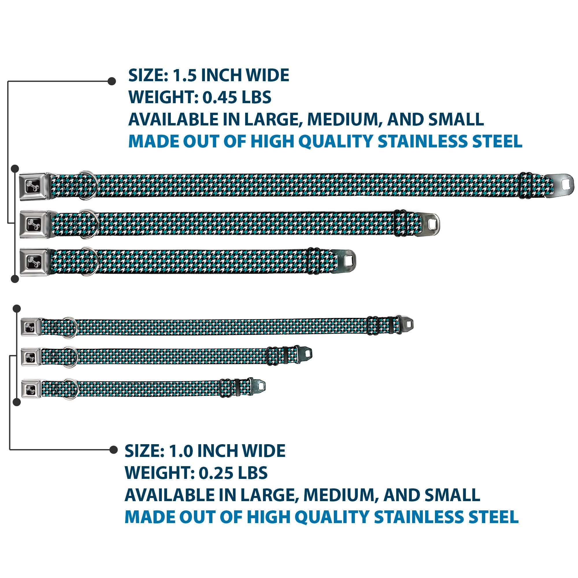 Dog Bone Seatbelt Buckle Collar - Houndstooth Black/White/Turquoise