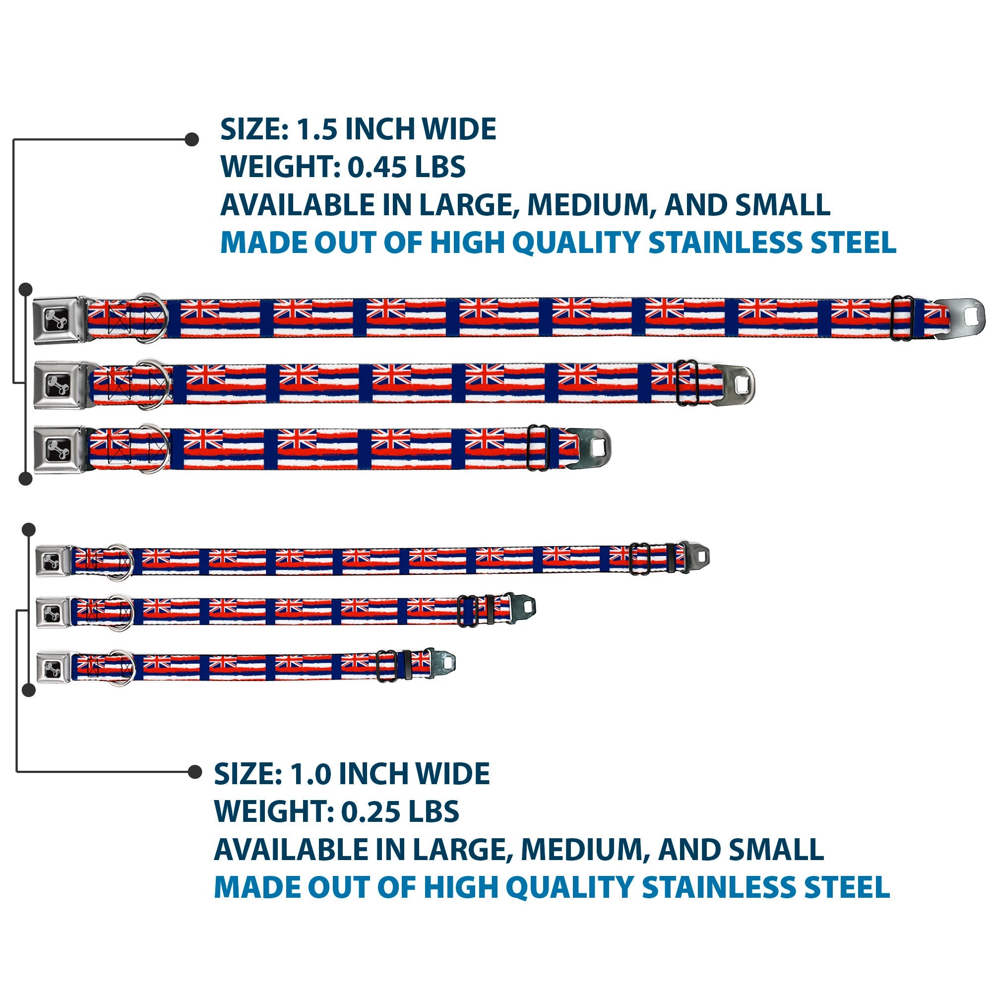 Dog Bone Seatbelt Buckle Collar - Hawaii Flags Weathered Blue/Red/White