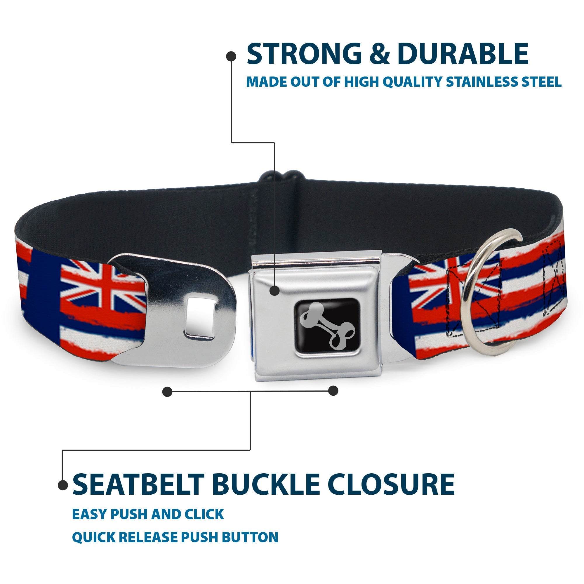 Dog Bone Seatbelt Buckle Collar - Hawaii Flags Weathered Blue/Red/White