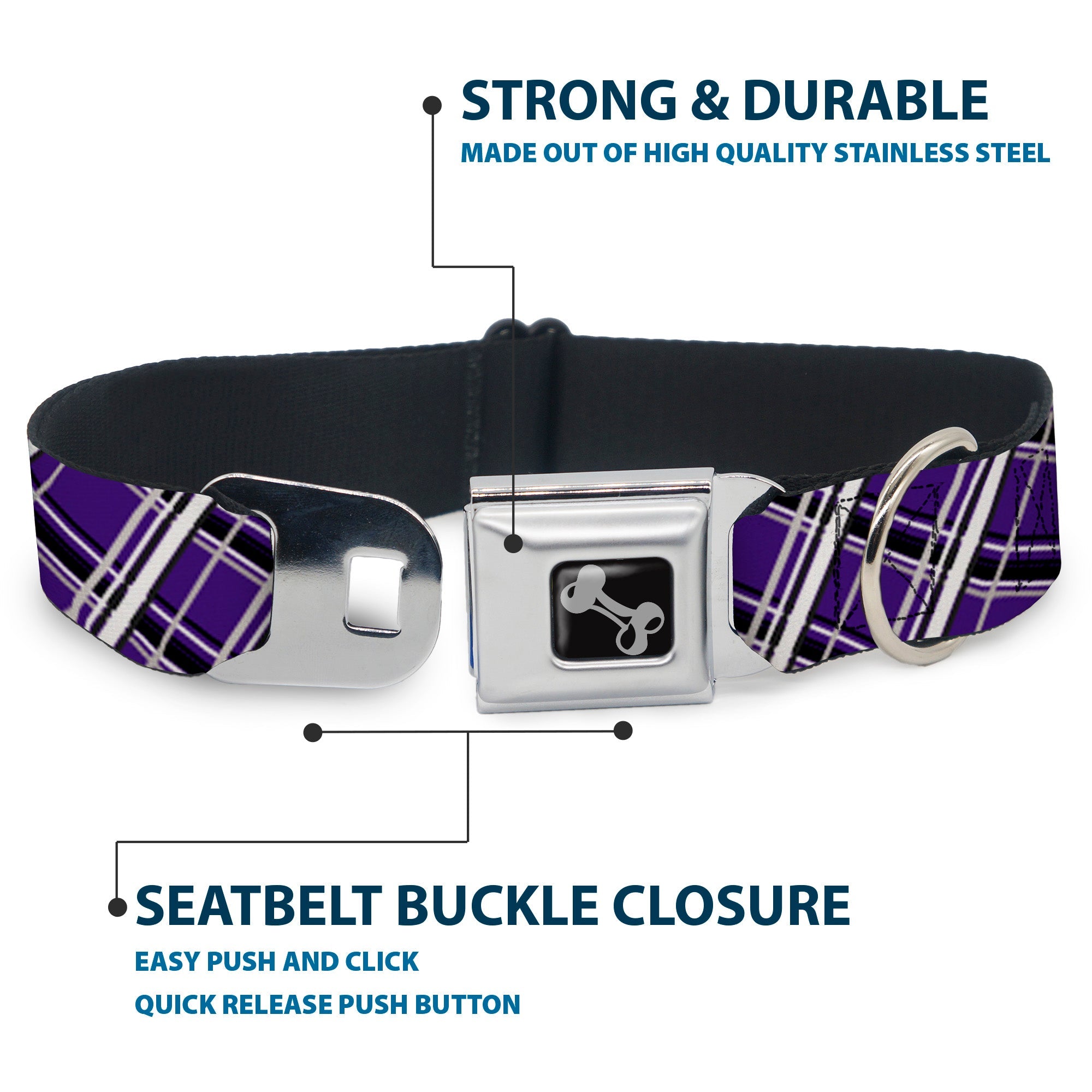 Dog Bone Seatbelt Buckle Collar - Houndstooth Gray/Purple/White