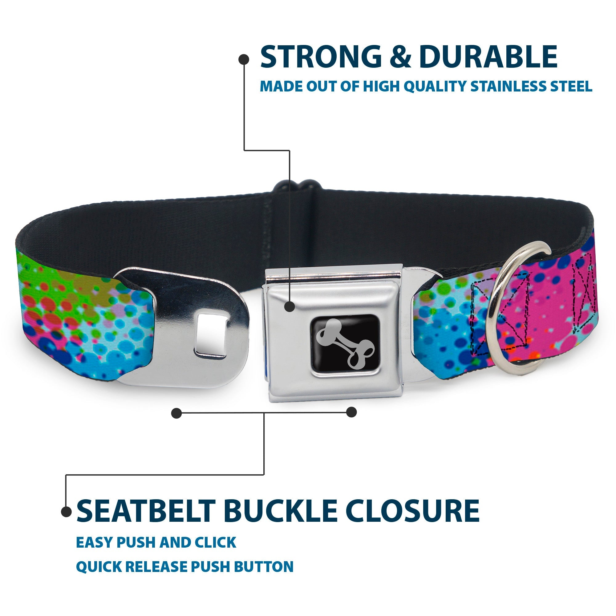 Dog Bone Seatbelt Buckle Collar - Halftone Dots Light Blue/Blues/Greens/Pinks