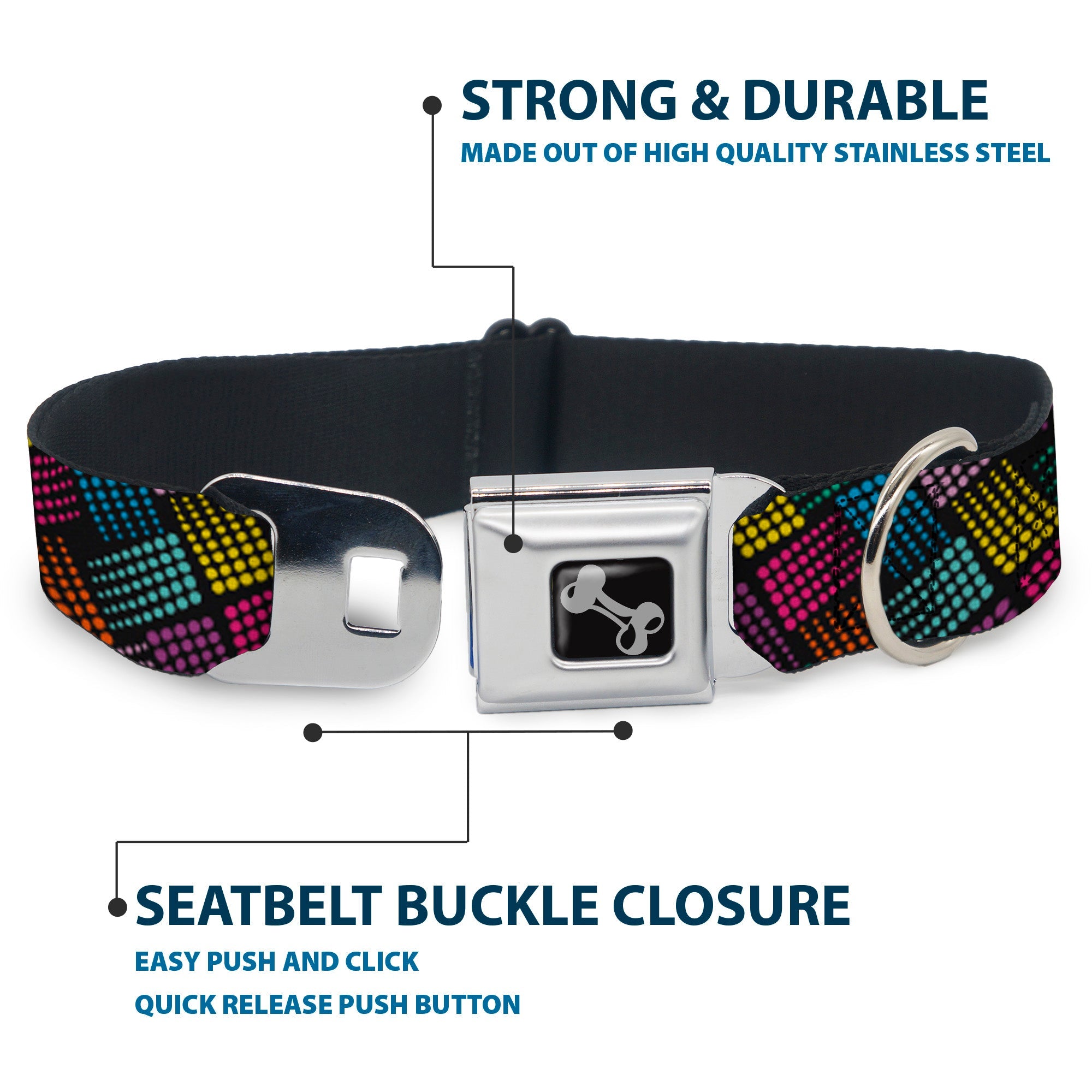 Dog Bone Seatbelt Buckle Collar - Halftone Blocks Charcoal/Pinks/Greens/Orange/Yellow