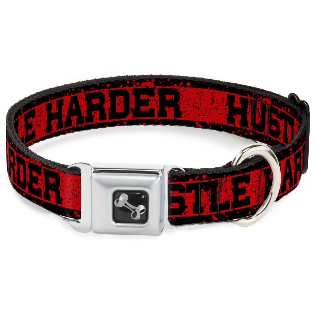 Dog Bone Seatbelt Buckle Collar - HUSTLE HARDER/Stripes Weathered Red/Black
