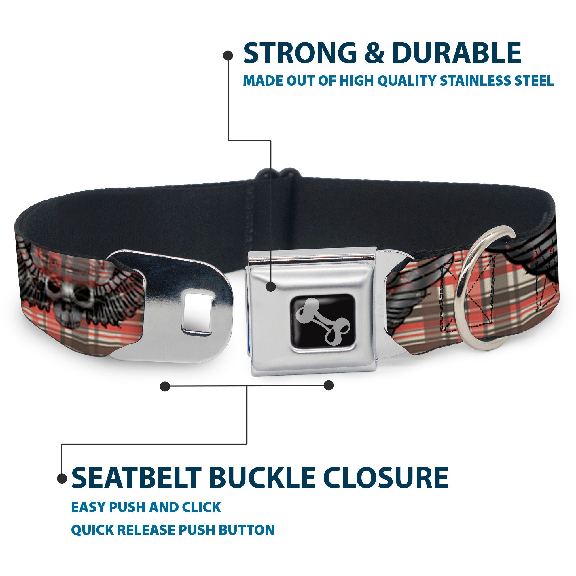 Dog Bone Seatbelt Buckle Collar - Irish Skulls/Plaid