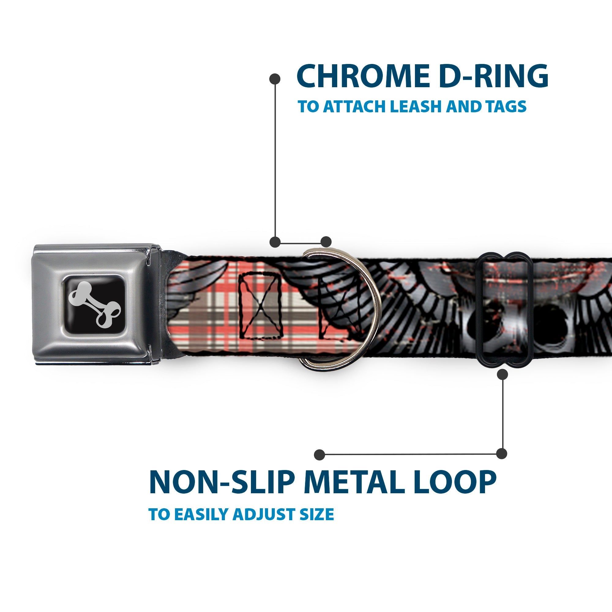 Dog Bone Seatbelt Buckle Collar - Irish Skulls/Plaid