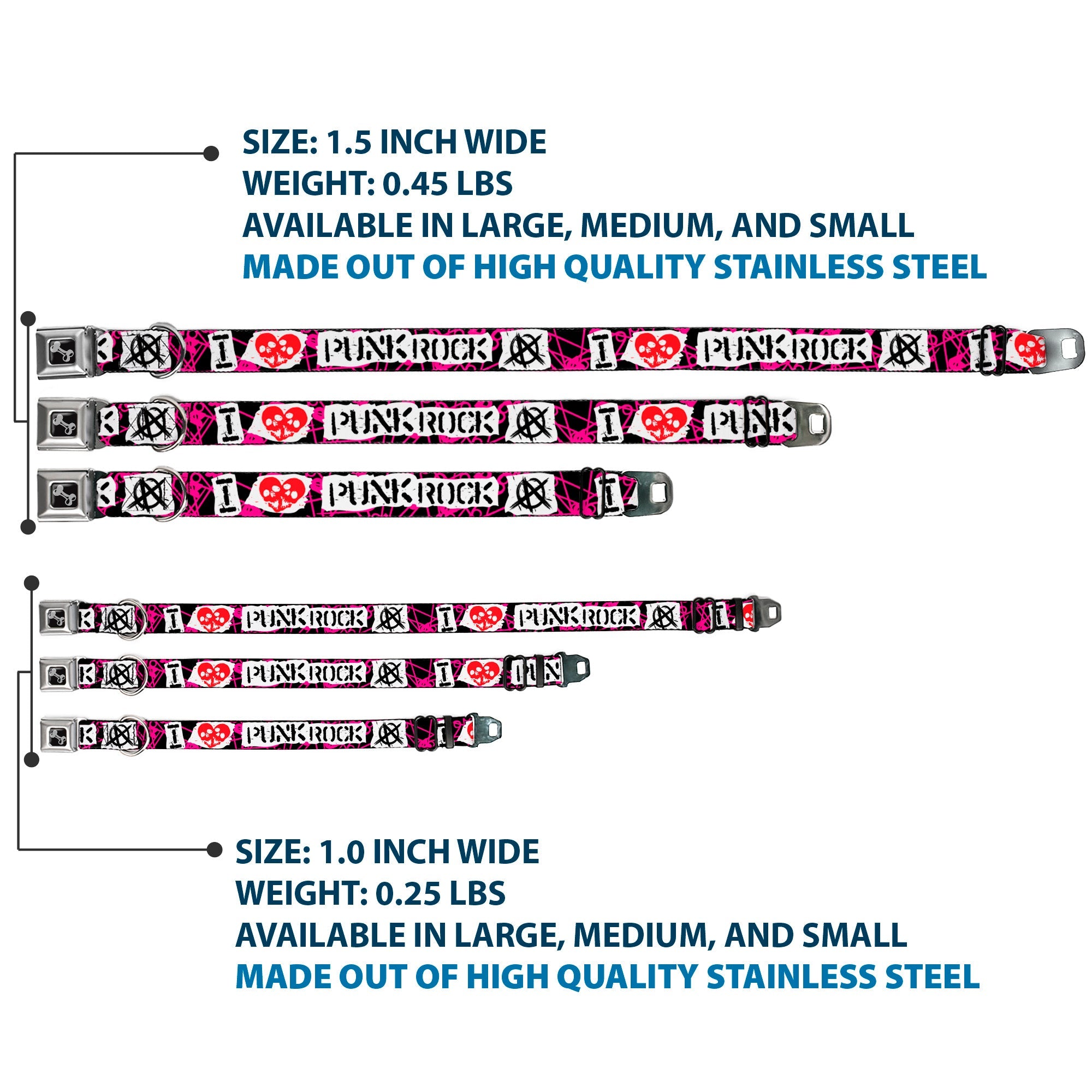 Dog Bone Seatbelt Buckle Collar - I Heart Punk Rock w/Safety Pins Black/Fuchsia/White