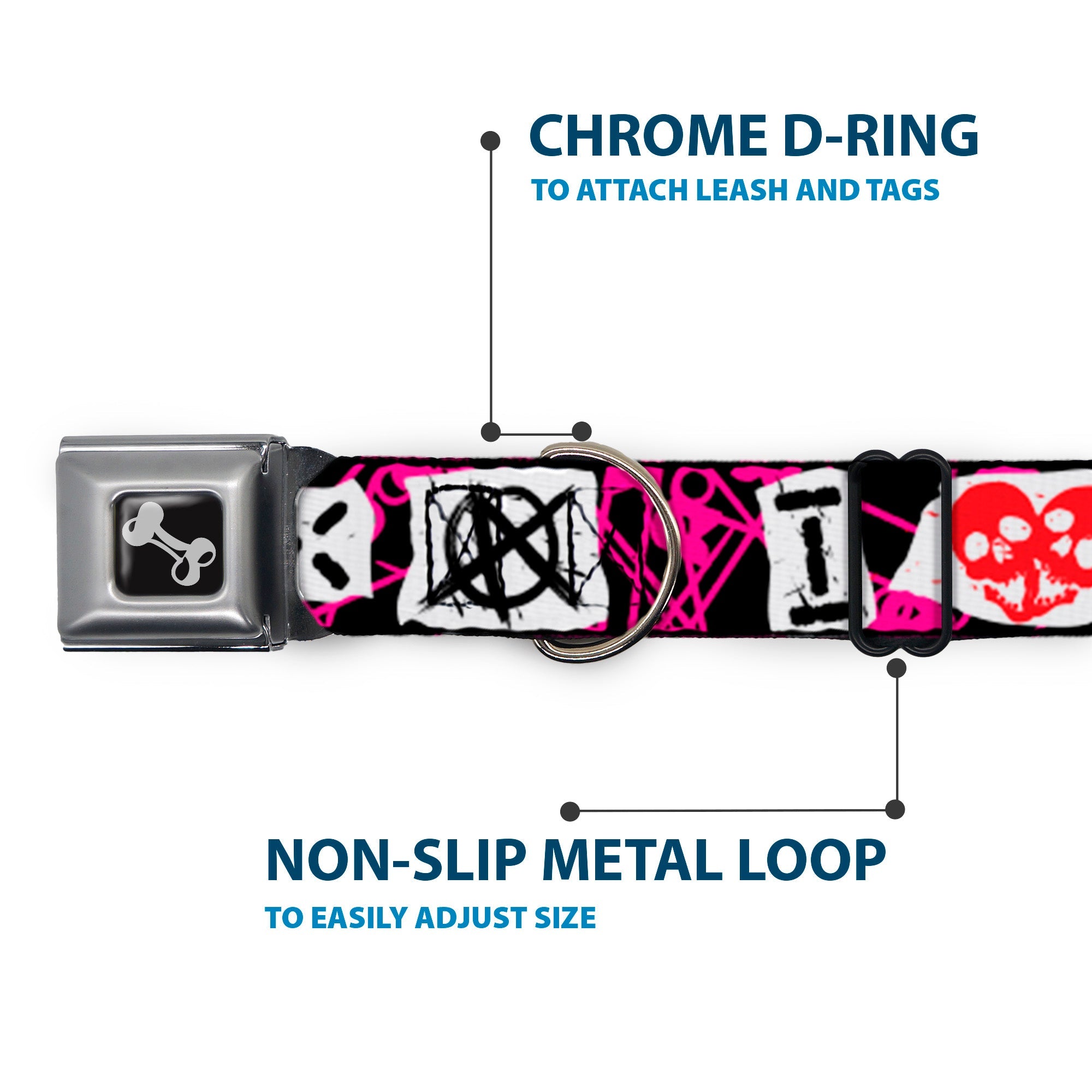 Dog Bone Seatbelt Buckle Collar - I Heart Punk Rock w/Safety Pins Black/Fuchsia/White