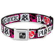 Dog Bone Seatbelt Buckle Collar - I Heart Punk Rock w/Safety Pins Black/Fuchsia/White