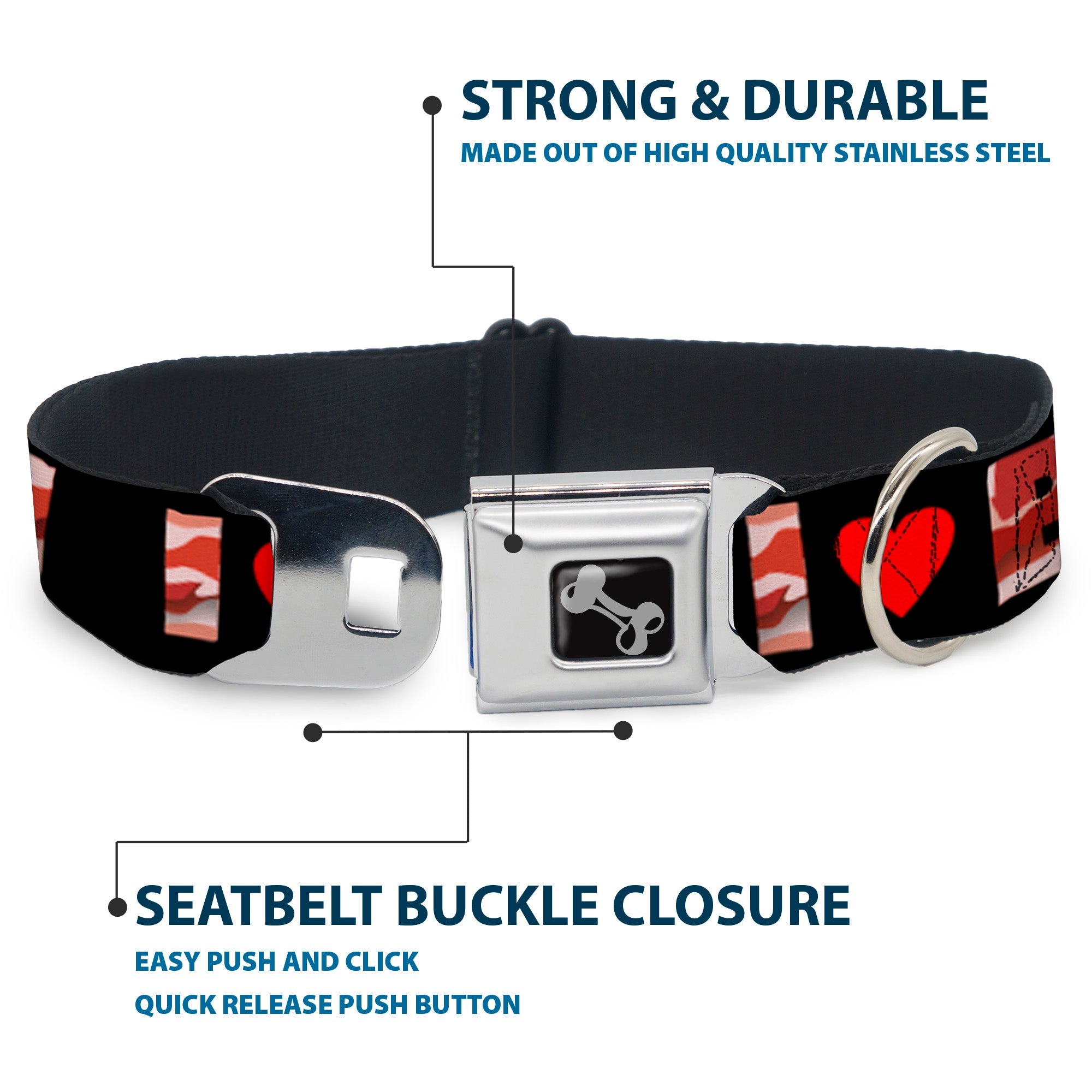 Dog Bone Seatbelt Buckle Collar - I "Heart" BACON Black/Bacon