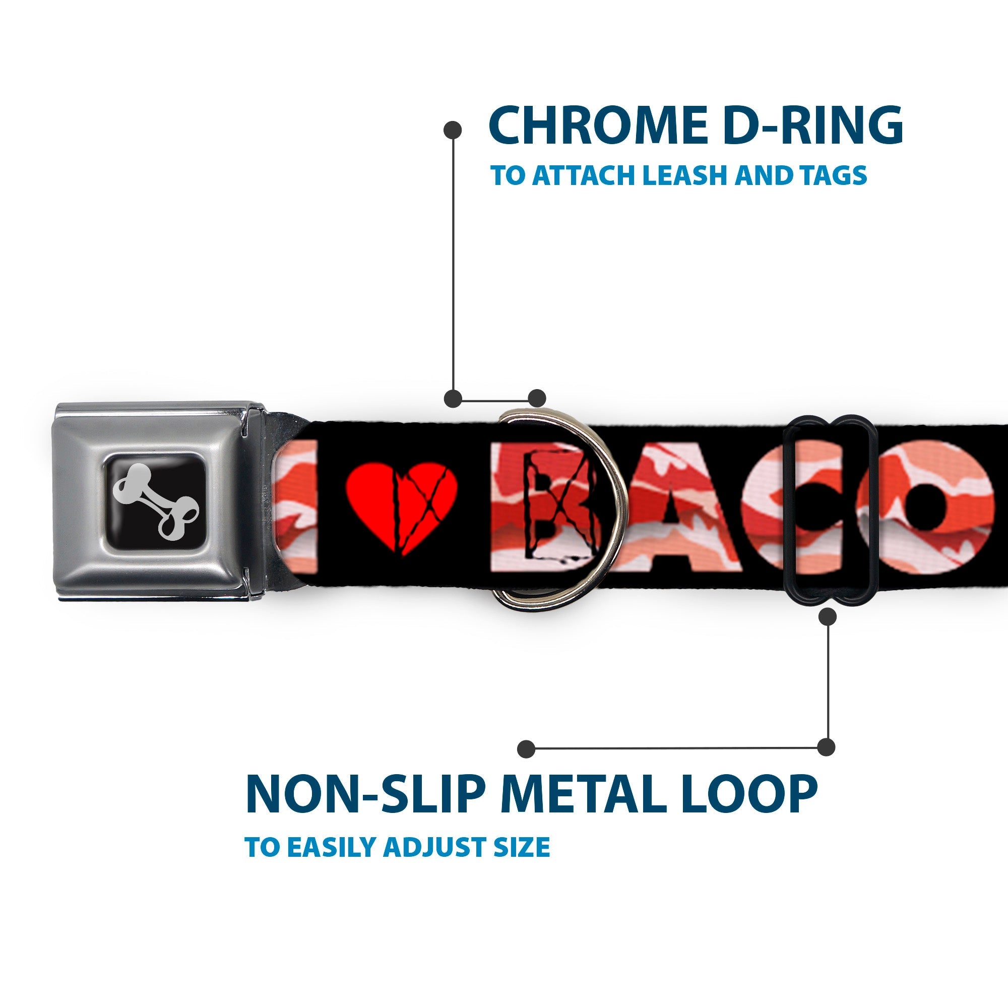Dog Bone Seatbelt Buckle Collar - I "Heart" BACON Black/Bacon