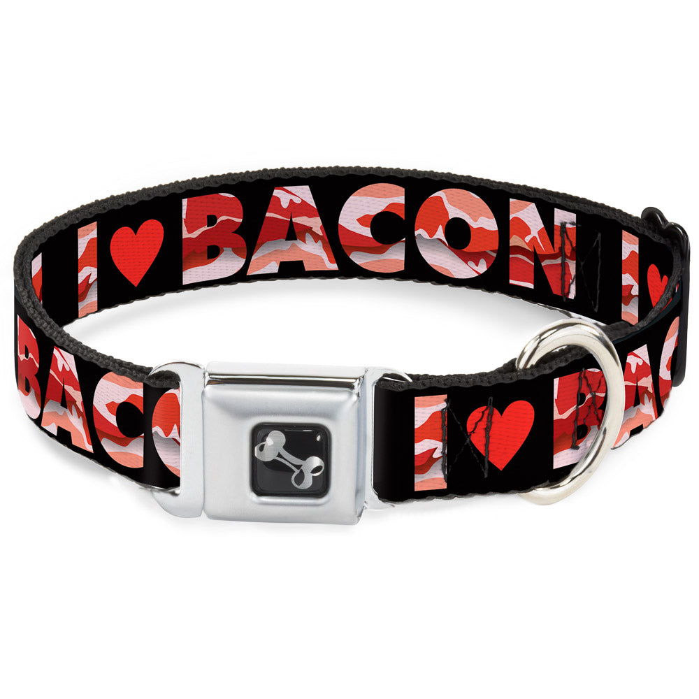 Dog Bone Seatbelt Buckle Collar - I "Heart" BACON Black/Bacon