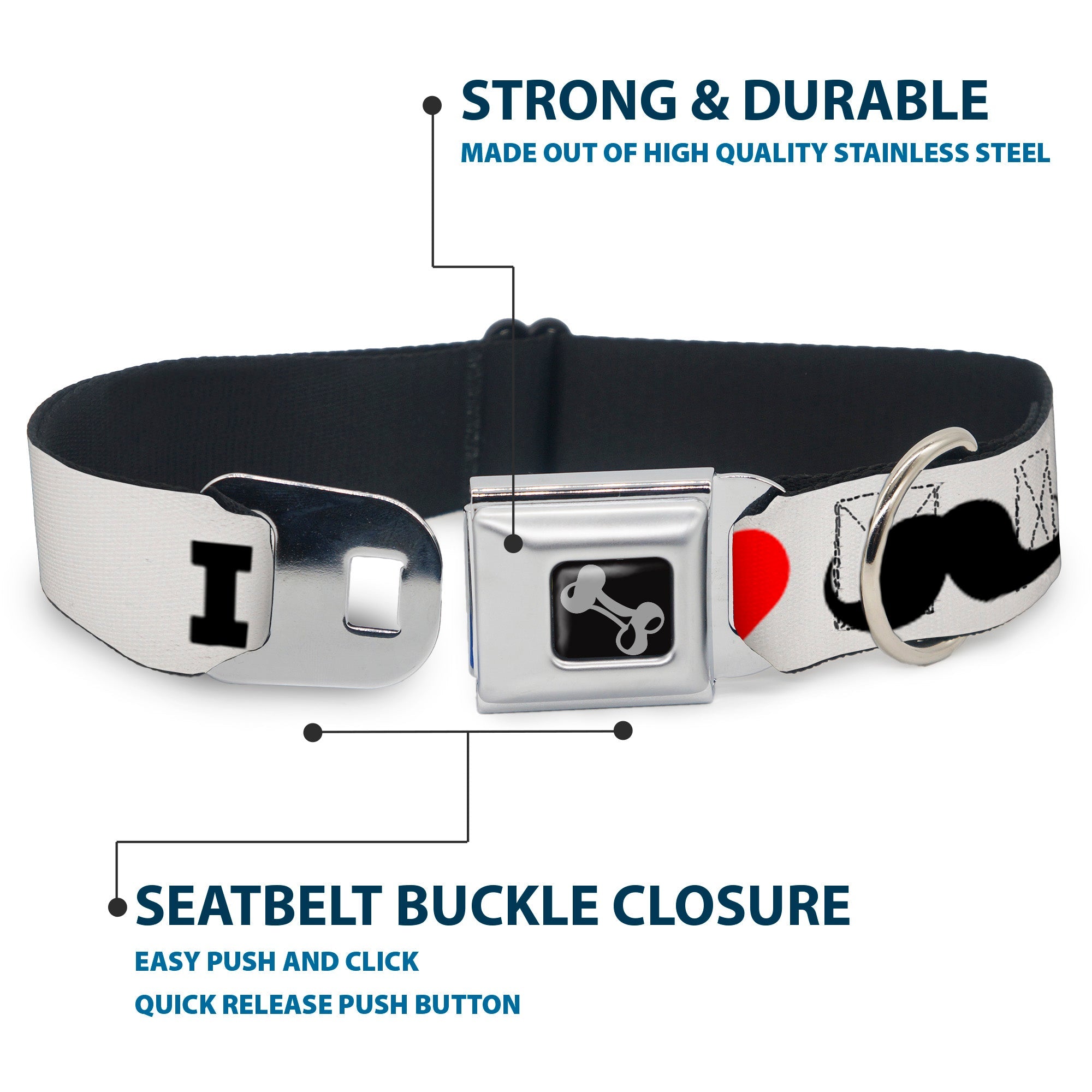 Dog Bone Seatbelt Buckle Collar - I "Heart Mustache" White/Black/Red
