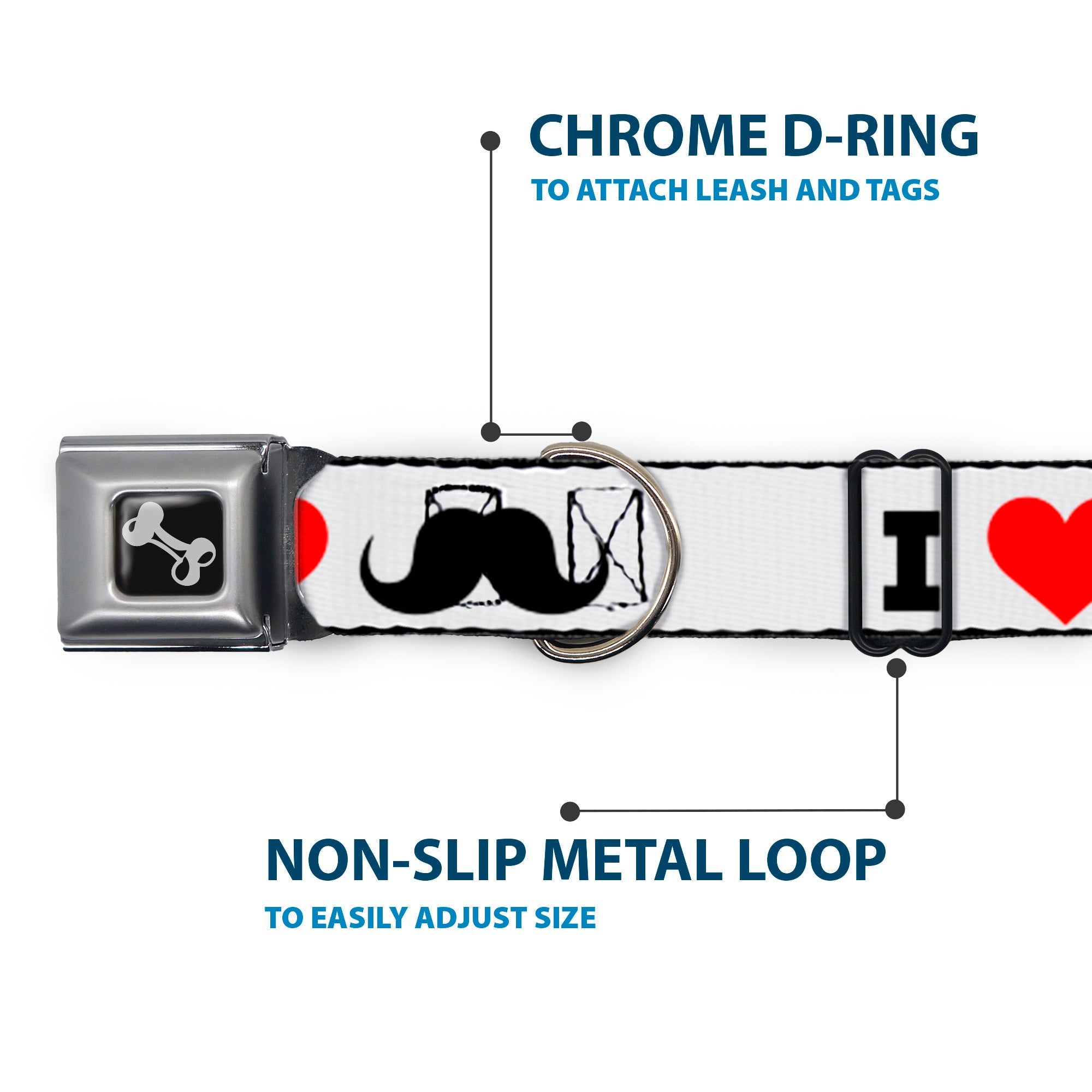 Dog Bone Seatbelt Buckle Collar - I "Heart Mustache" White/Black/Red