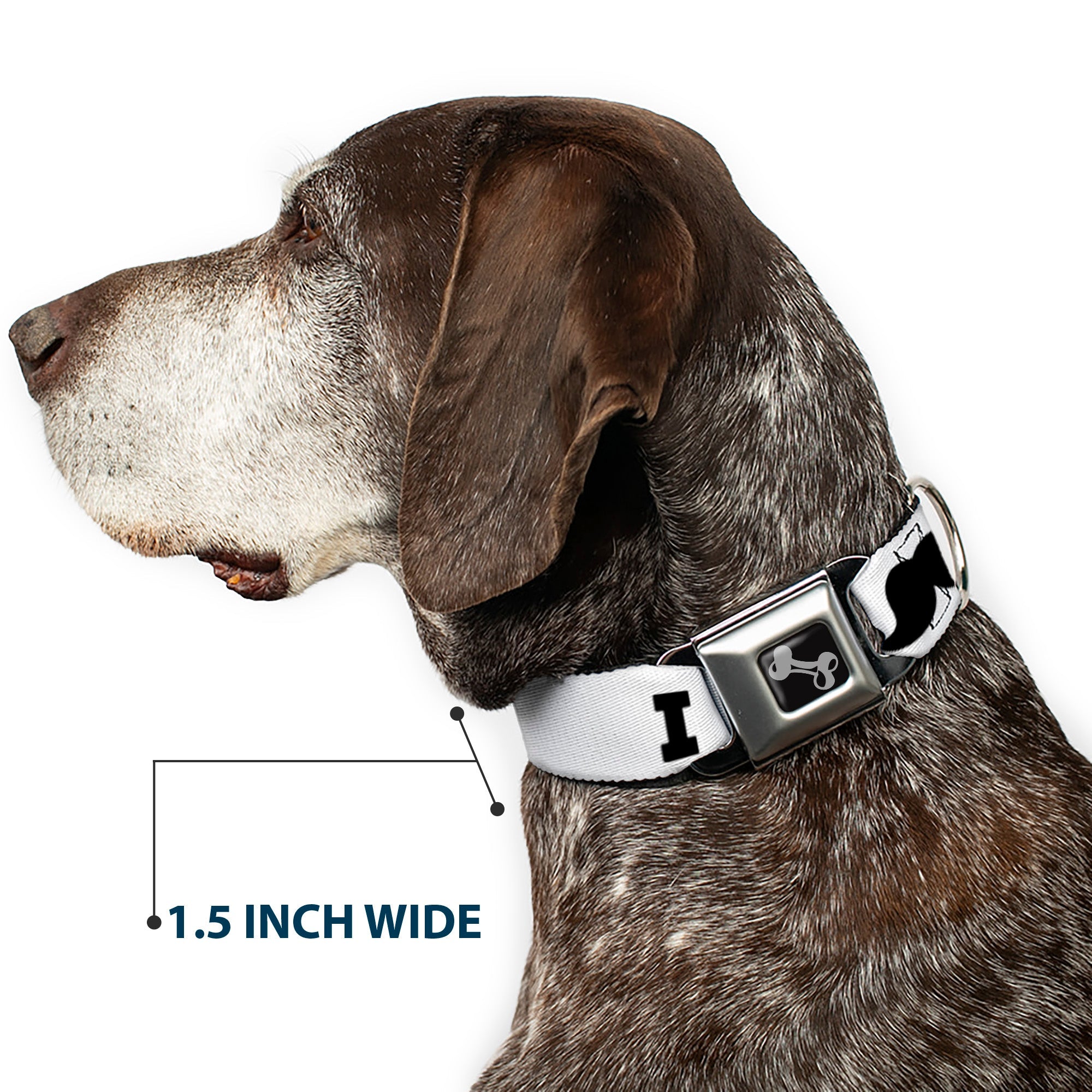 Dog Bone Seatbelt Buckle Collar - I "Heart Mustache" White/Black/Red
