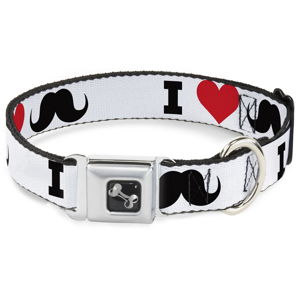 Dog Bone Seatbelt Buckle Collar - I "Heart Mustache" White/Black/Red