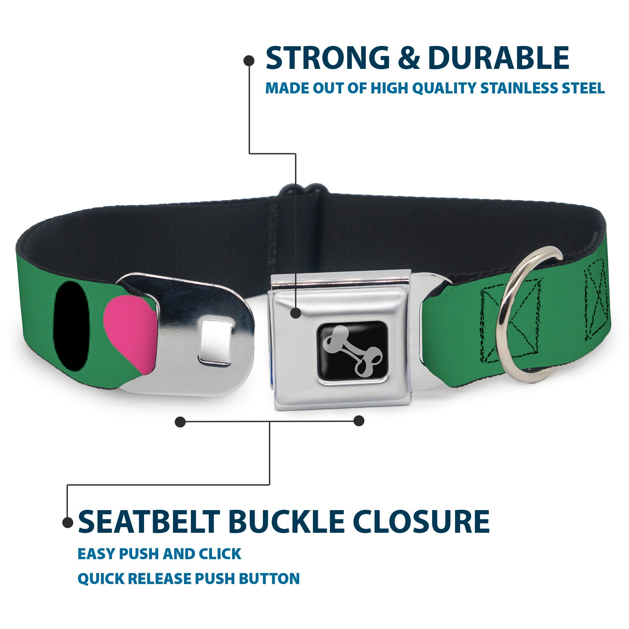 Dog Bone Seatbelt Buckle Collar - I "Heart" PANDAS Green/White/Black/Pink