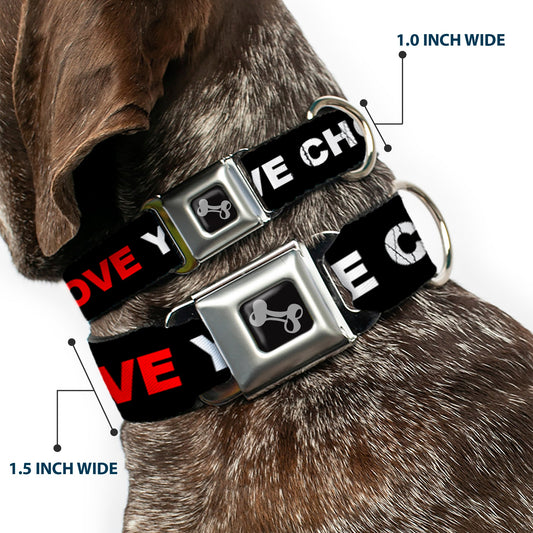 Dog Bone Black/Silver Seatbelt Buckle Collar - I LOVE YOU BUT I'VE CHOSEN DUBSTEP Black/White/Red
