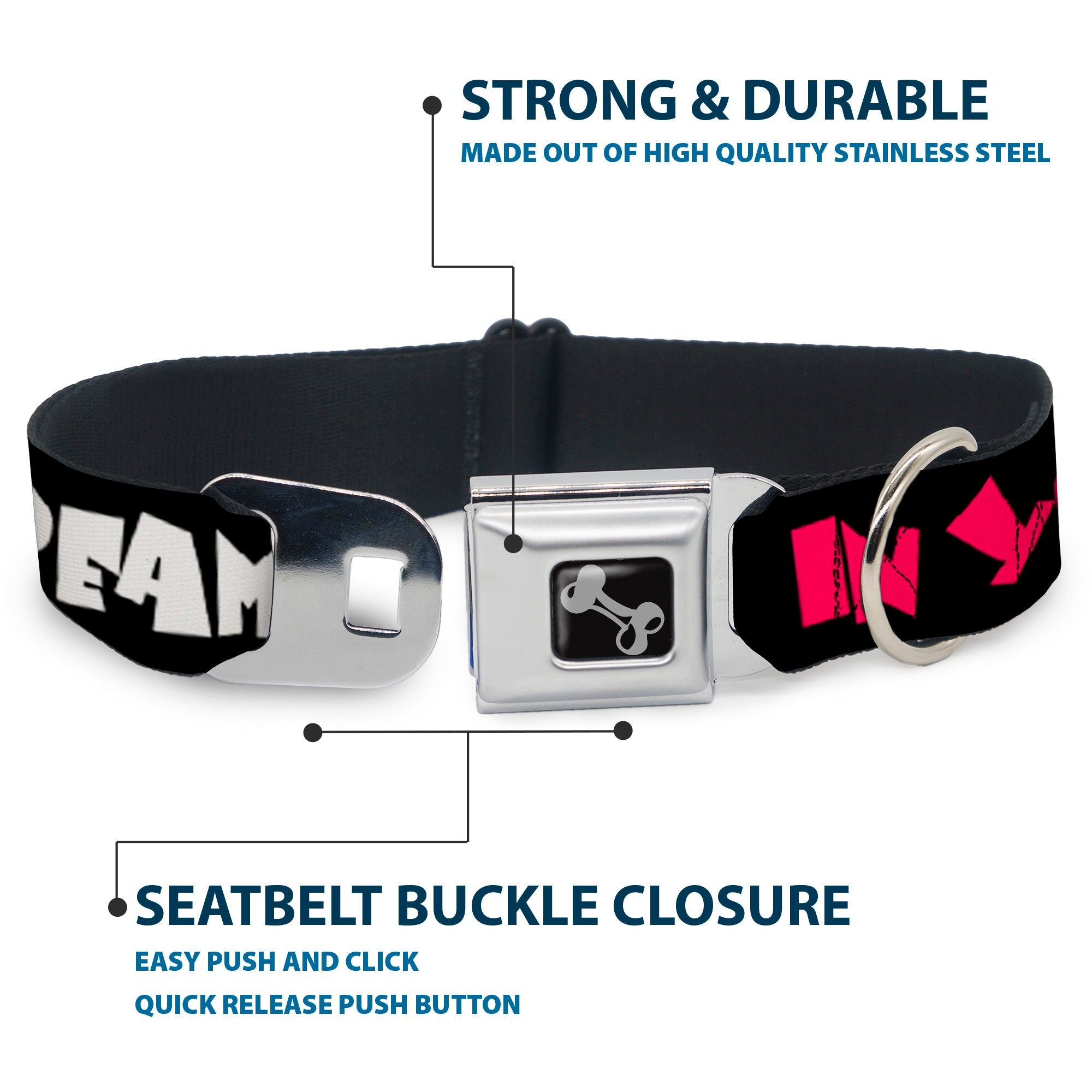 Dog Bone Seatbelt Buckle Collar - IN YOUR DREAMS! Black/White/Pink