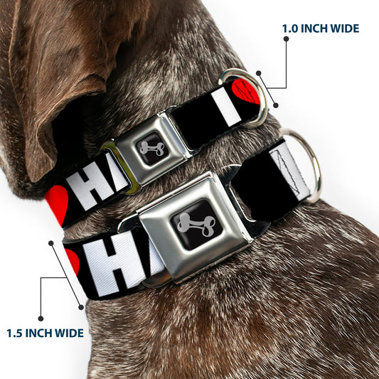 Dog Bone Seatbelt Buckle Collar - I "Heart" HATERS Black/White/Red