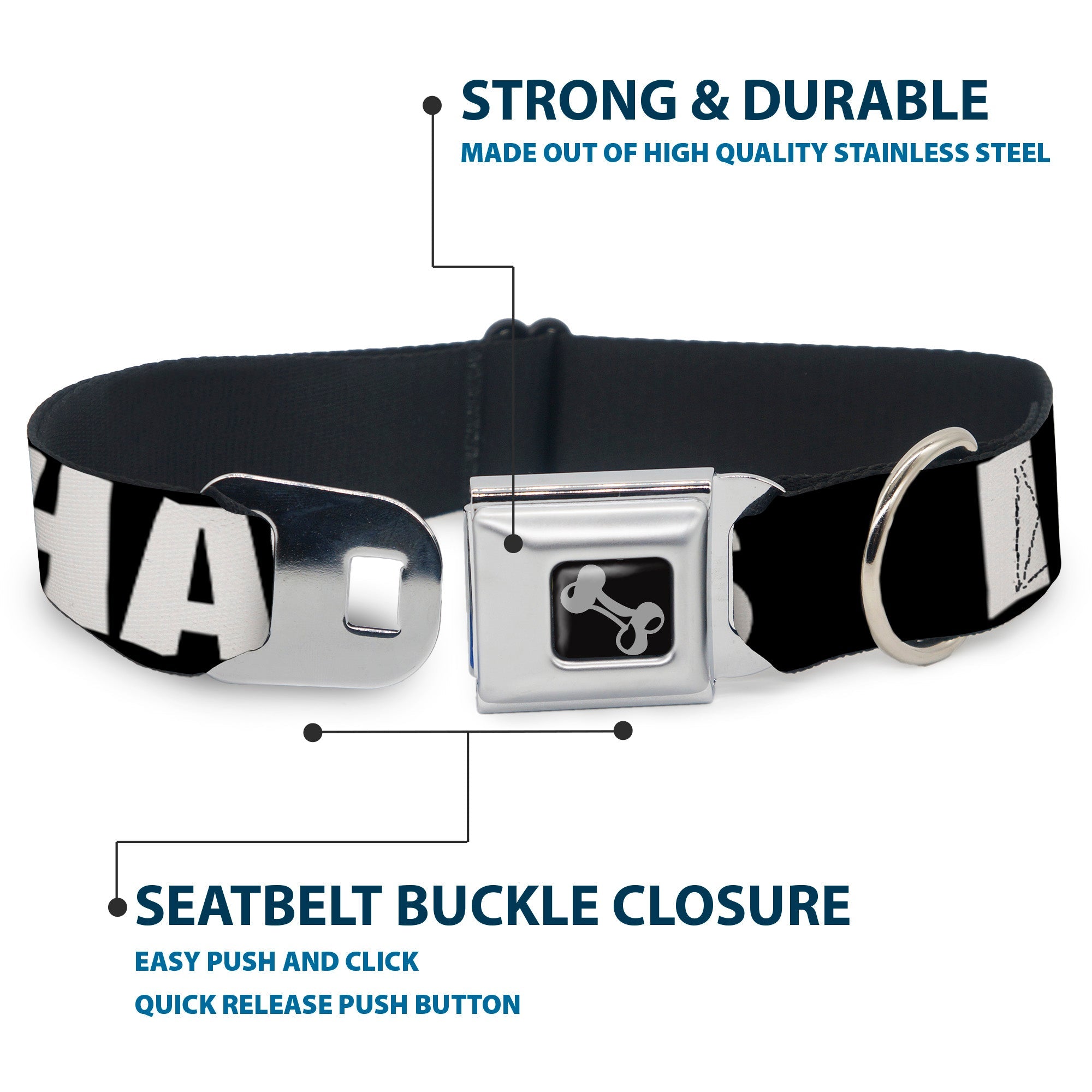 Dog Bone Seatbelt Buckle Collar - I "Heart" HATERS Black/White/Red