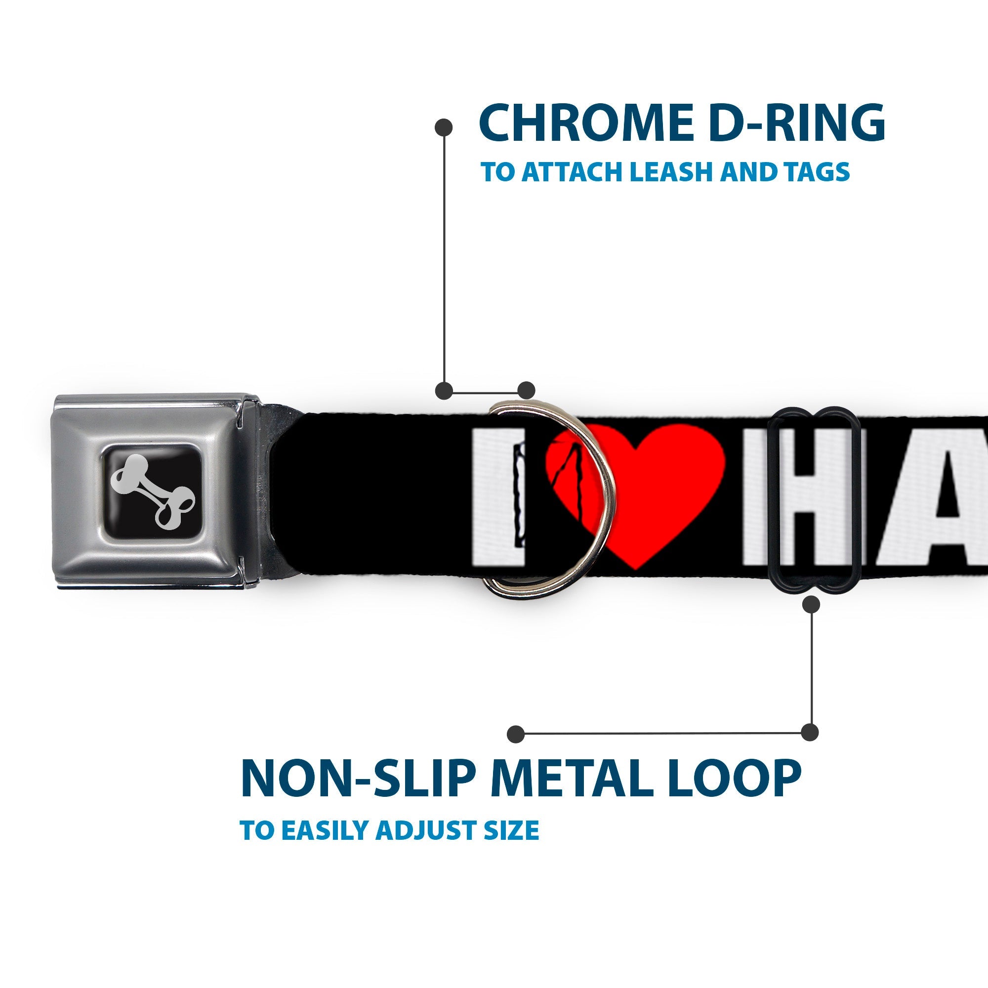 Dog Bone Seatbelt Buckle Collar - I "Heart" HATERS Black/White/Red