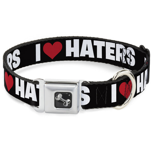Dog Bone Seatbelt Buckle Collar - I "Heart" HATERS Black/White/Red