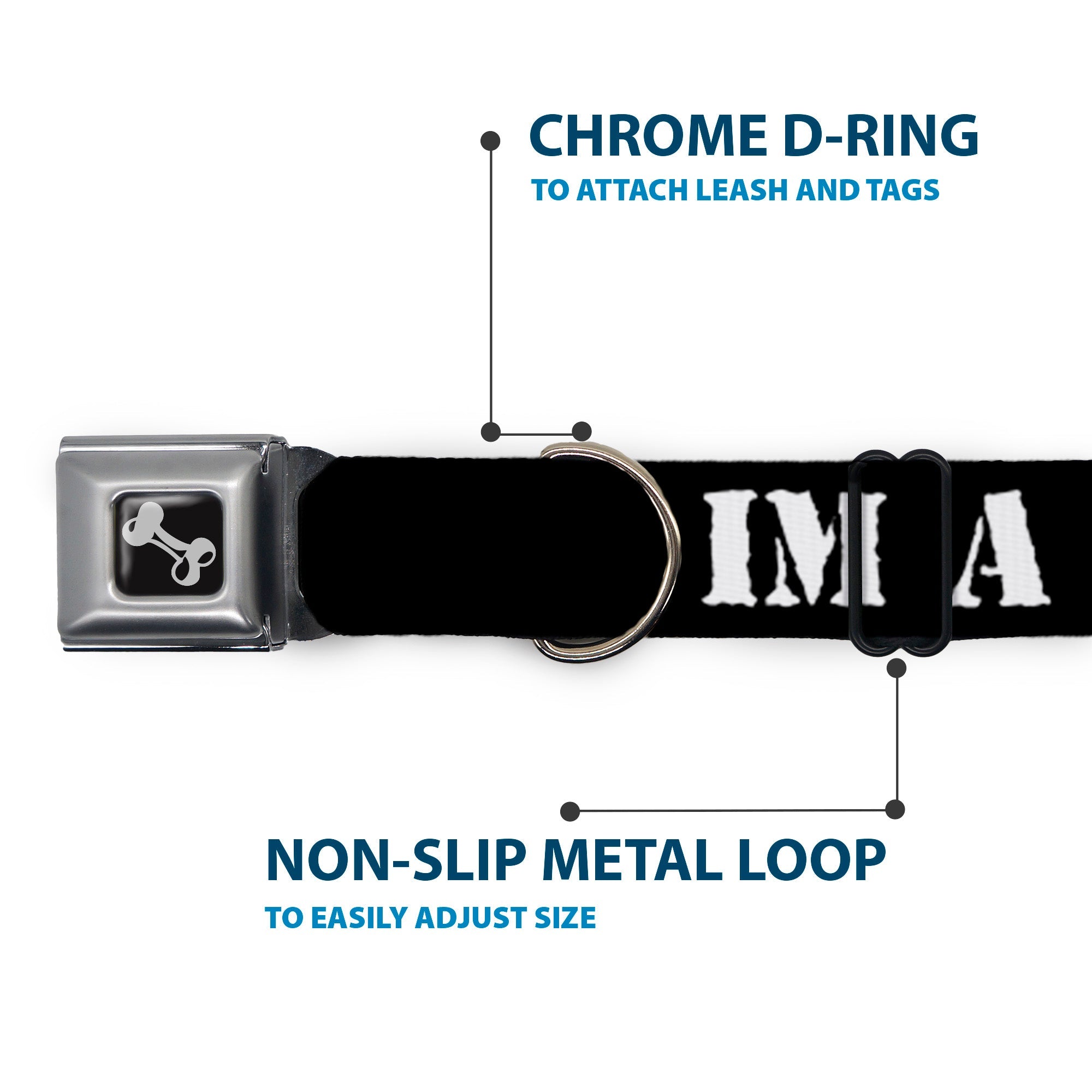 Dog Bone Seatbelt Buckle Collar - I'M A FIGHTER Black/White