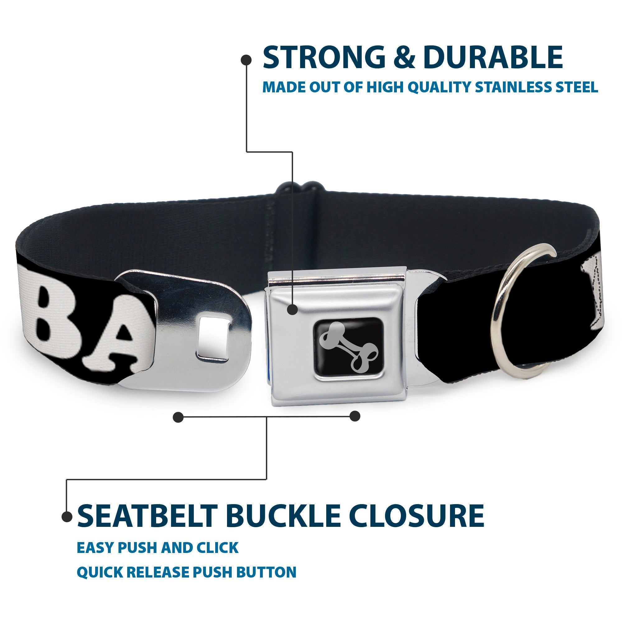 Dog Bone Seatbelt Buckle Collar - I "HEART" BACON Black/White/Red