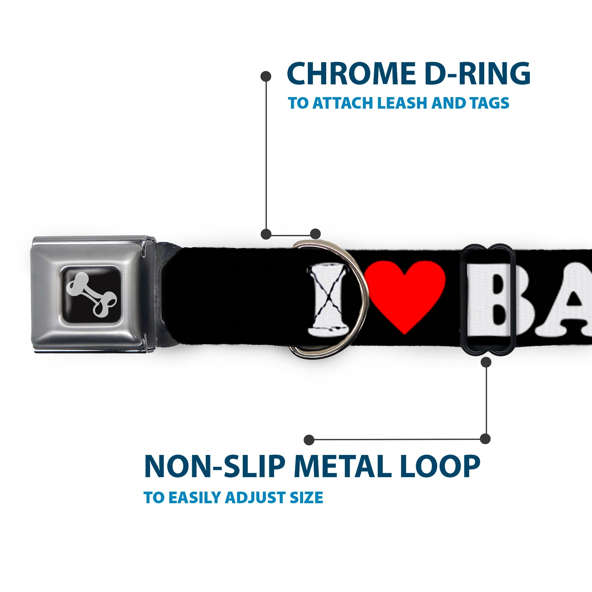 Dog Bone Seatbelt Buckle Collar - I "HEART" BACON Black/White/Red