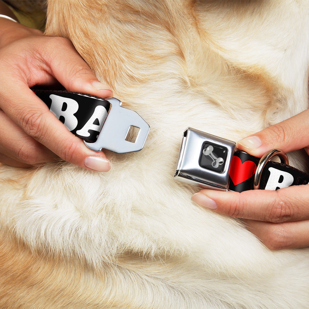 Dog Bone Seatbelt Buckle Collar - I "HEART" BACON Black/White/Red