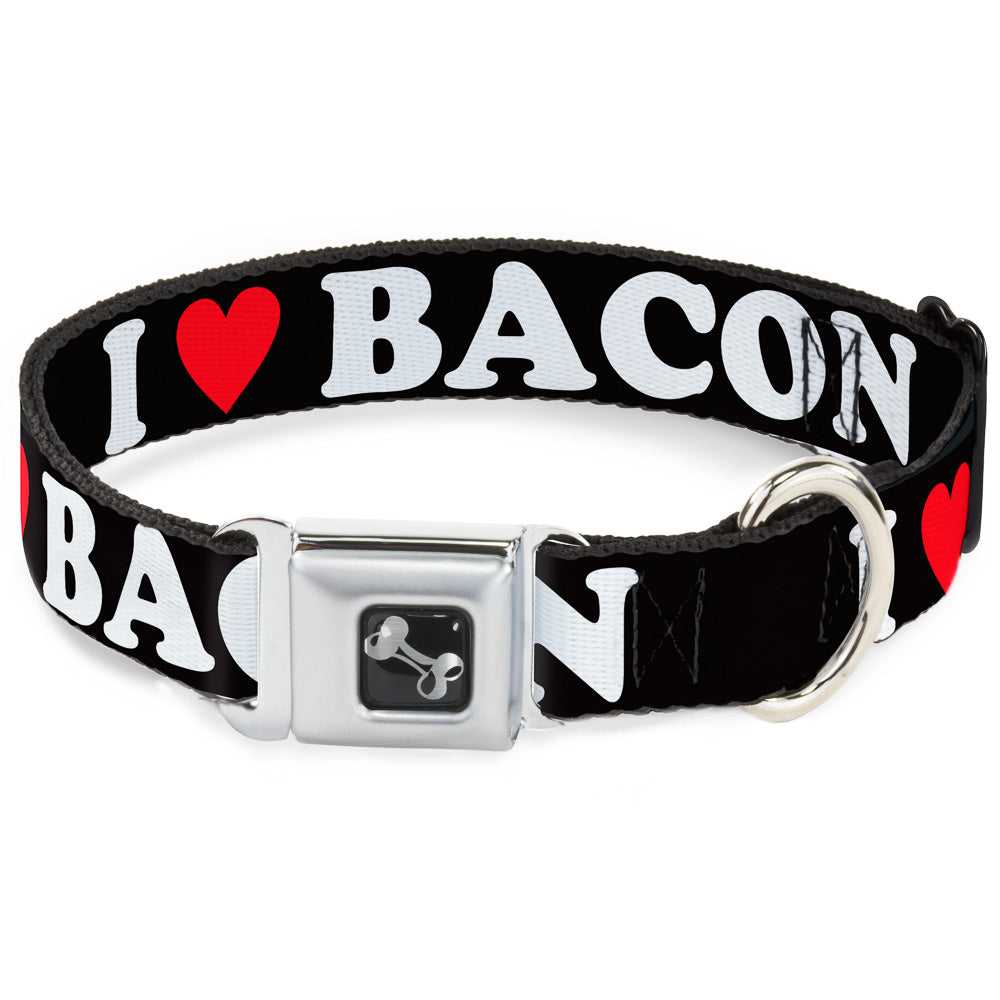 Dog Bone Seatbelt Buckle Collar - I "HEART" BACON Black/White/Red