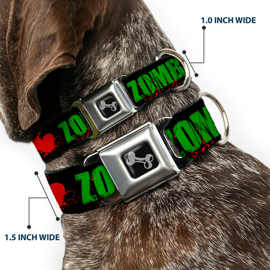 Dog Bone Seatbelt Buckle Collar - I "HEART" ZOMBIES Black/Green/Red Splatter