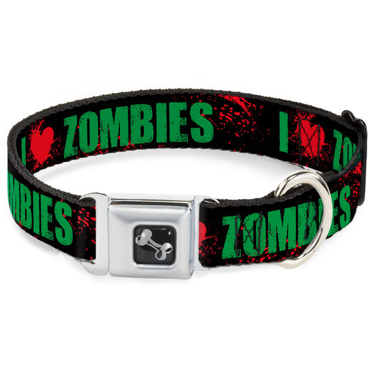 Dog Bone Seatbelt Buckle Collar - I "HEART" ZOMBIES Black/Green/Red Splatter