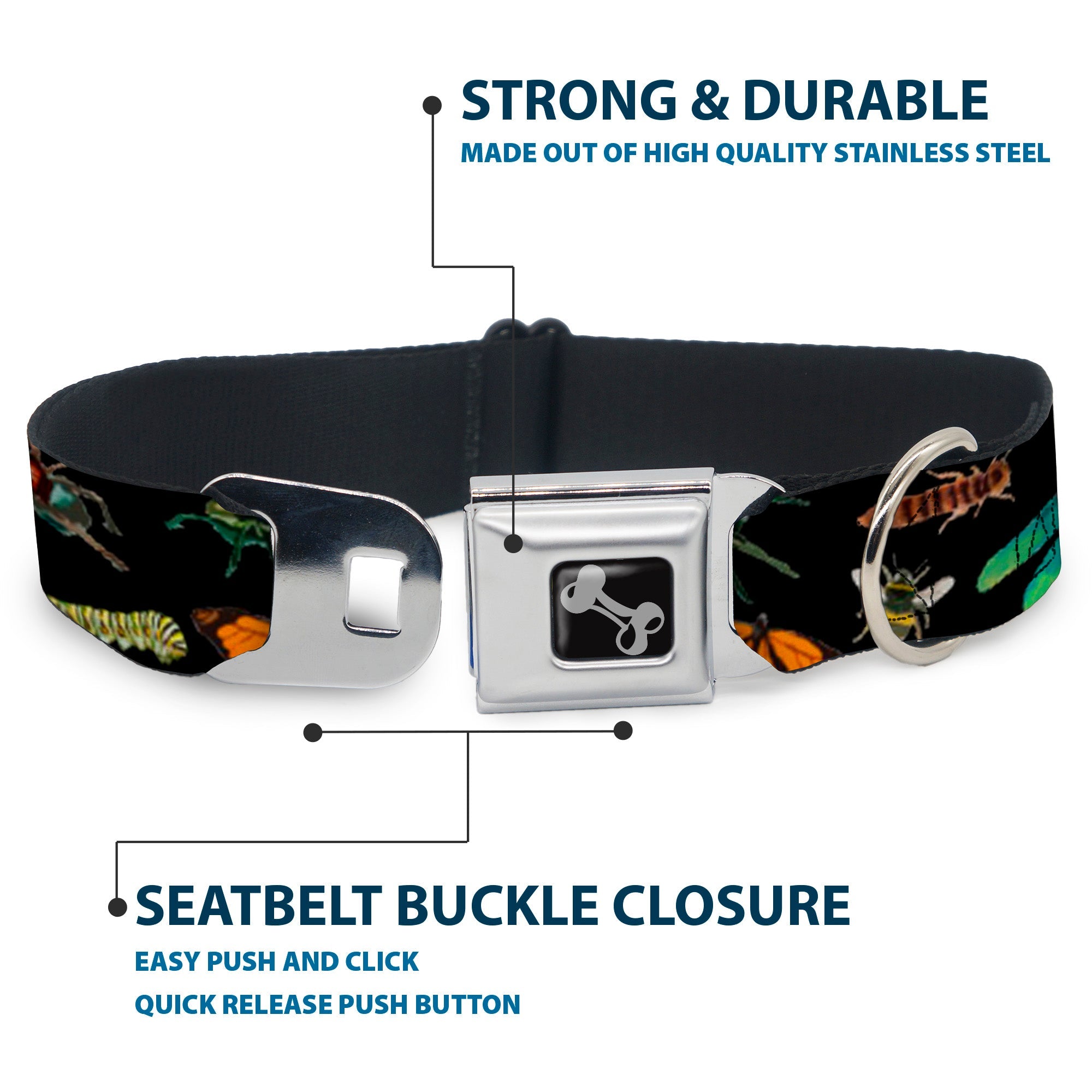 Dog Bone Seatbelt Buckle Collar - Insects Scattered CLOSE-UP Black