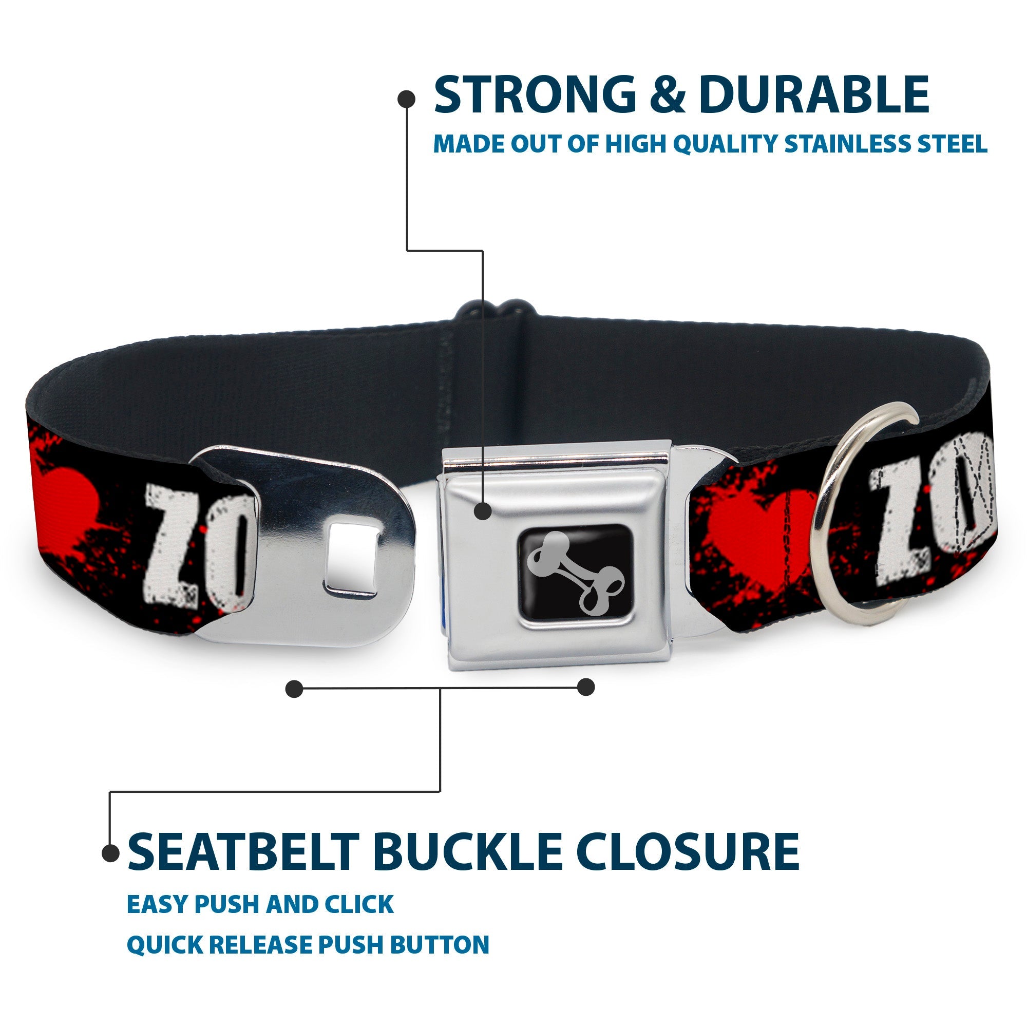 Dog Bone Seatbelt Buckle Collar - I "Heart" ZOMBIES Bold Splatter Black/White/Red