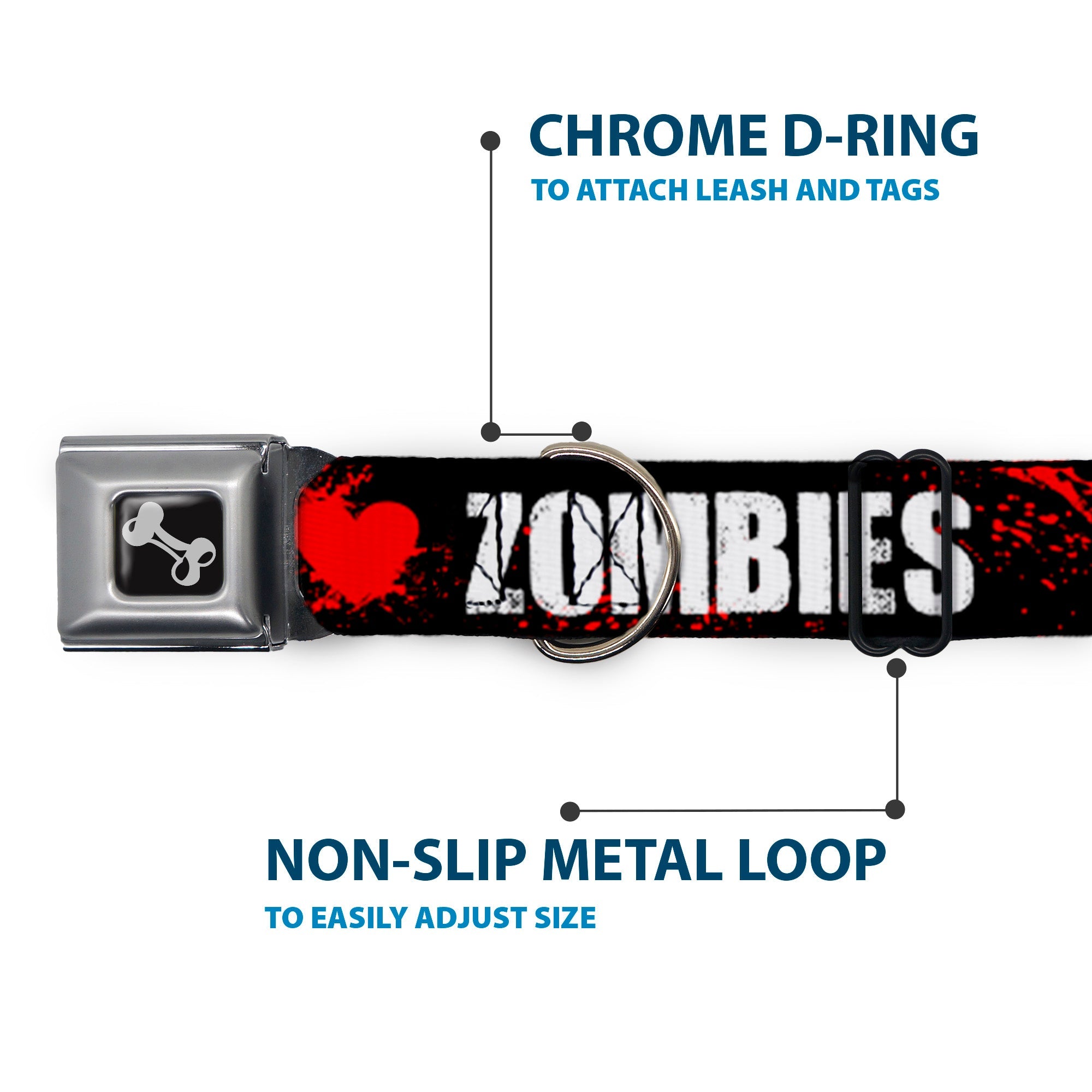 Dog Bone Seatbelt Buckle Collar - I "Heart" ZOMBIES Bold Splatter Black/White/Red