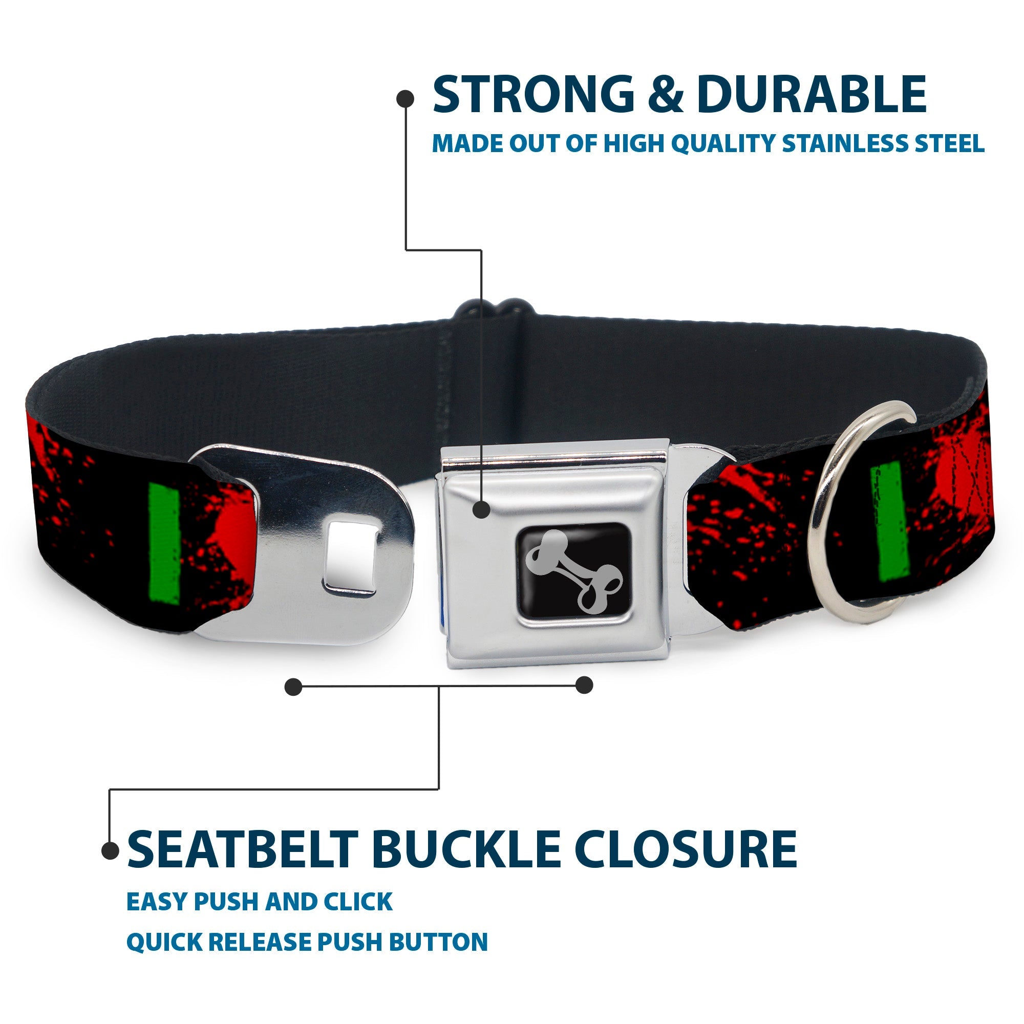Dog Bone Seatbelt Buckle Collar - I "Heart" ZOMBIES Bold Splatter Black/Green/Red