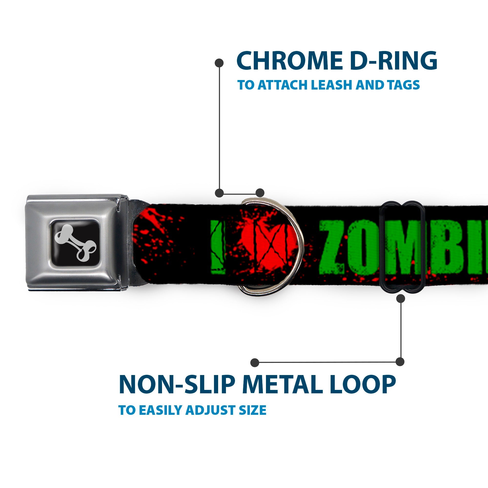 Dog Bone Seatbelt Buckle Collar - I "Heart" ZOMBIES Bold Splatter Black/Green/Red