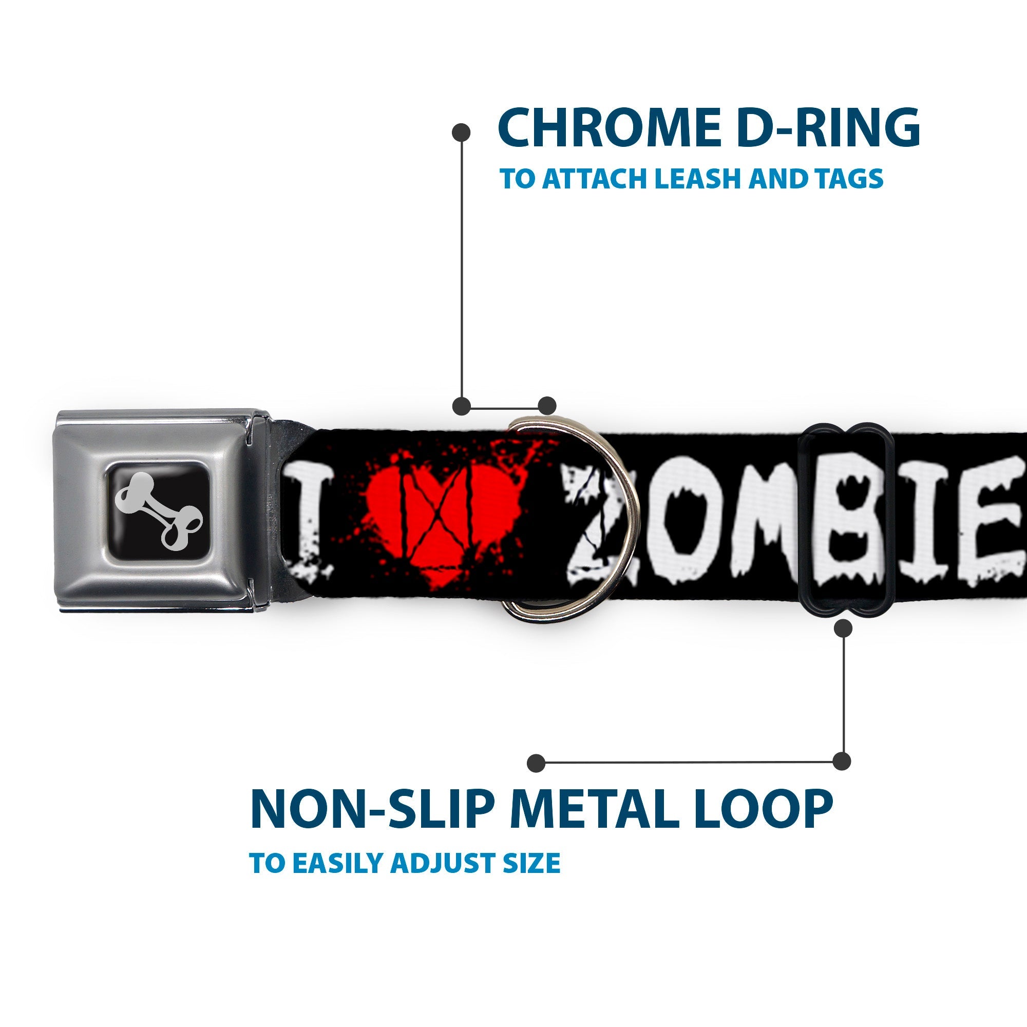 Dog Bone Seatbelt Buckle Collar - I "Heart" ZOMBIES Bloody Splatter Black/White/Red