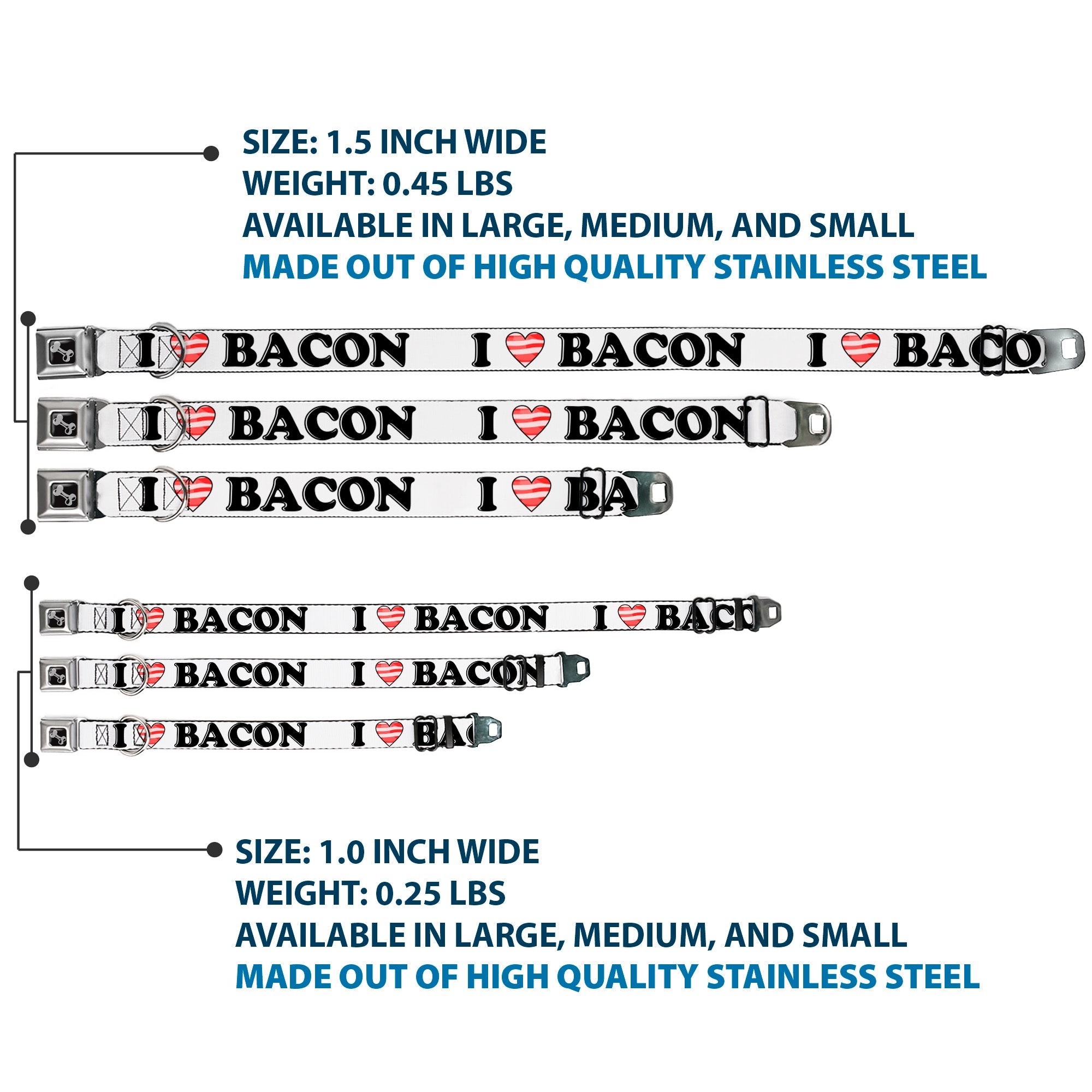 Dog Bone Seatbelt Buckle Collar - I "Heart" BACON White/Black/Bacon